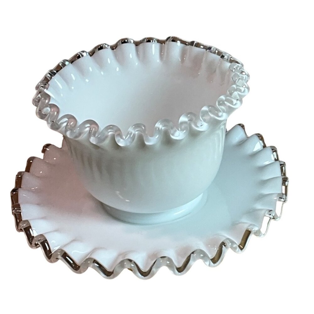 Vintage Fenton Silver Crest Mayonnaise 2 Piece Set Milk Glass‎ Scalloped Edges